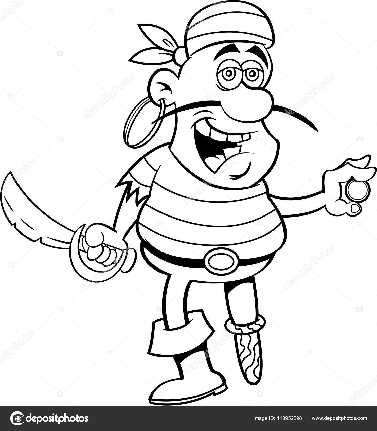 刀や金貨を手にした笑顔の海賊の黒と白のイラスト ストックベクター ©kenbenner 413952298, image size:1487x1700