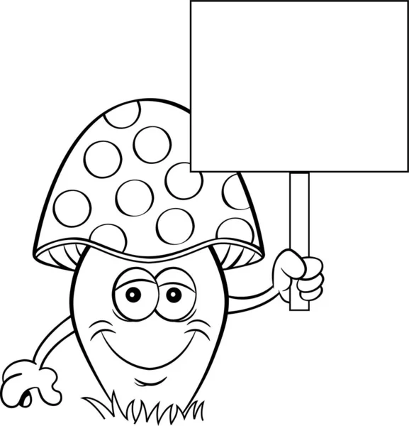Black White Illustration Happy Mushroom Holding Sign — Stock Vector
