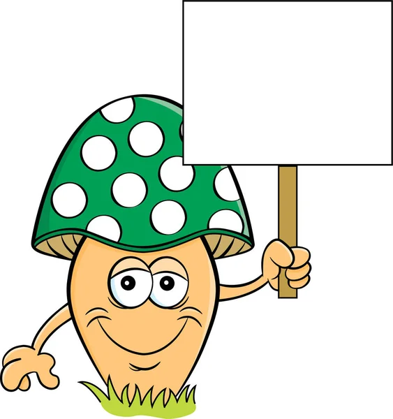 Cartoon Illustration Happy Mushroom Holding Sign — Stock Vector