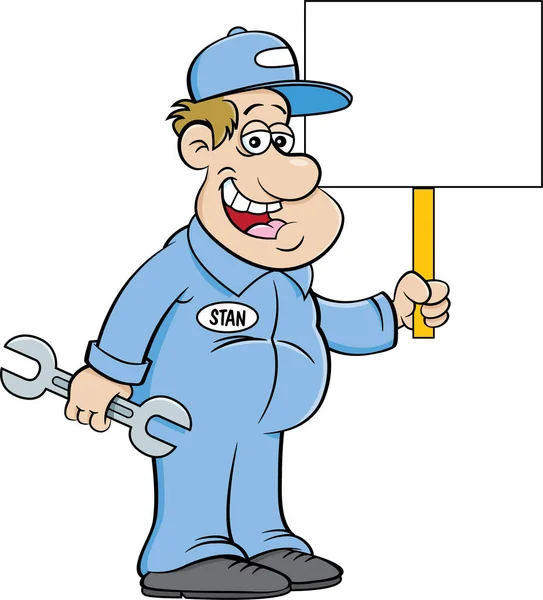 Cartoon Illustration Auto Mechanic Holding Large Wrench Sign — Stock Vector