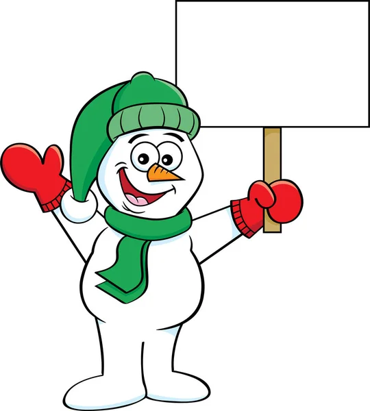 Cartoon Illustration Happy Snowman Waving Holding Sign — Stock Vector