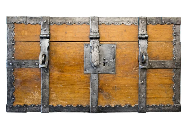 Ancient Wooden Trunk Front Padlock Hasps Engraving Antique Loot Box — Stock Photo, Image