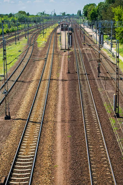 Several railroad tracks. Underloaded tracks and railway station. View from above, vertical.