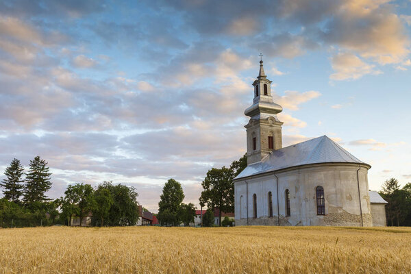 Rural landscape with wheat field and a church in Turiec region, central Slovakia