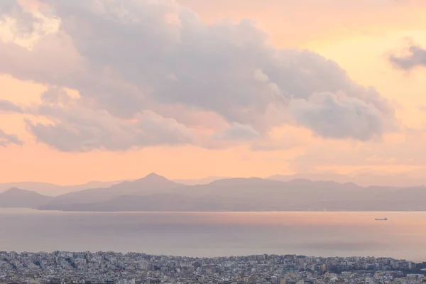 Вид Афины Остров Эгина Пелопоннес Холма Ликабетт Закате Греция — стоковое фото