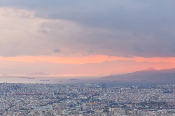 Blick Auf Athen Und Piräus Vom Lycabettus Hügel Bei Sonnenuntergang — Stockfoto