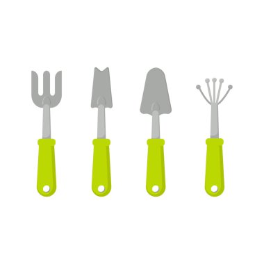 Bahçe için Araçlar vektör seti. Bahçe koleksiyonu. Düz stil. Kürek ve tırmık simgesi