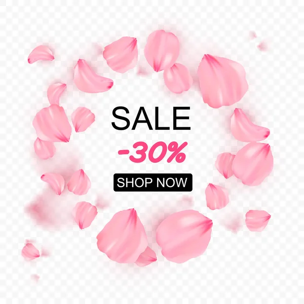 Sakura rosa cayendo pétalos en círculo vector de fondo. Ilustración romántica 3D. Banner transparente con sakura. Cartel de venta con palabras tienda ahora — Vector de stock