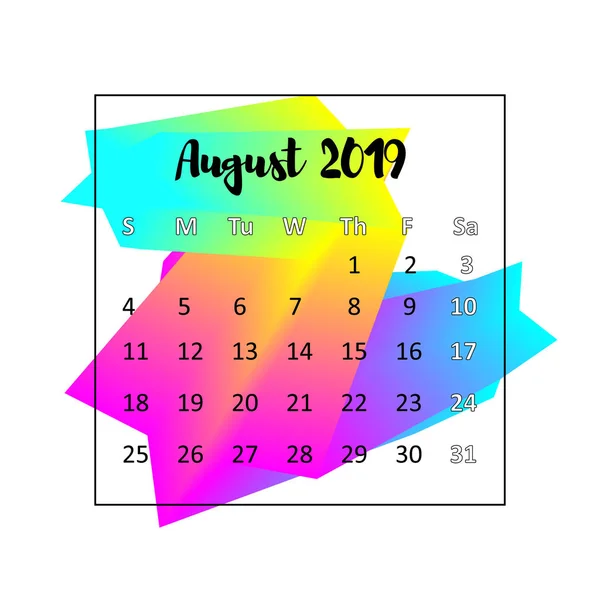 Kalenderentwurf für 2019. august 2019. business wall oder web kalender template. minimalistisches elegantes Design. kann für Printwerbung, Öffentlichkeitsarbeit, Infografik in Englisch verwendet werden — Stockvektor