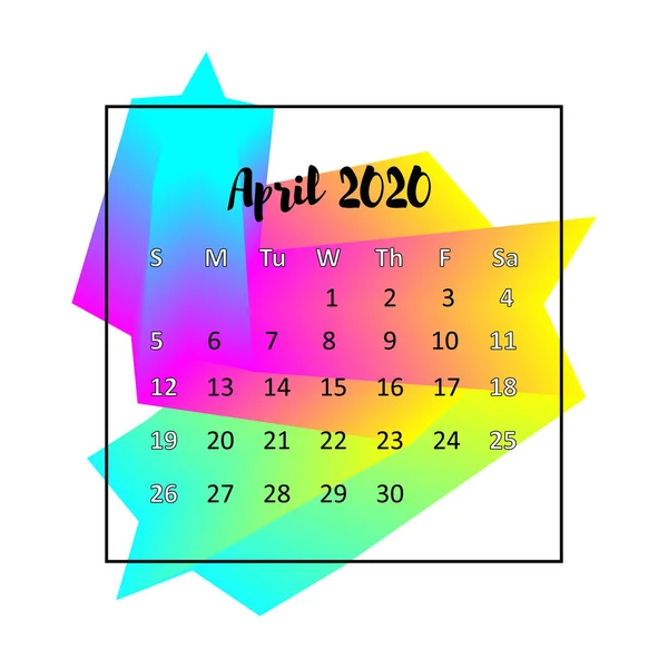 2020 kalender design abstrakt begrepp. Den 2020 april. Affärs vägg eller webb kalender mall. Minimal elegant design som används för annonsering, PR, infographic på engelska — Stock vektor
