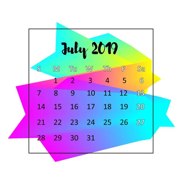 2019 Calendar design concept. July 2019. Business wall or web calender template. Minimal elegant design. Can be used in print advertising, public relations, infographic in English. Vector illustration — Stock Vector