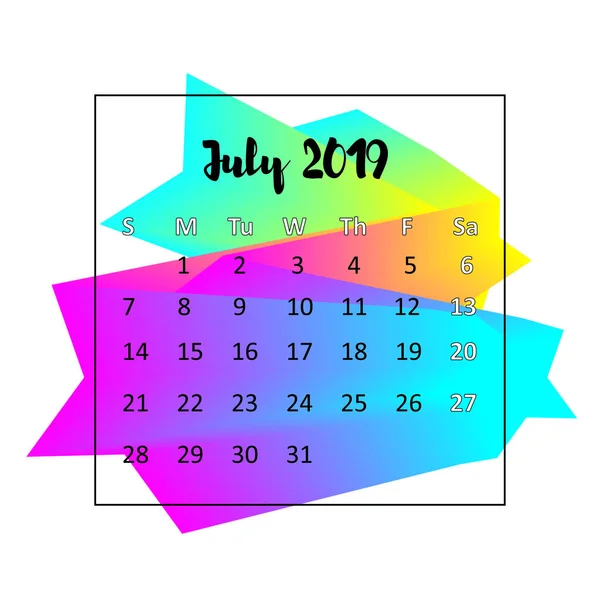 2019 conceito de design de calendário. Julho 2019. Parede de negócios ou modelo de calendário web. Design minimamente elegante. Pode ser usado em publicidade impressa, relações públicas, infográfico em inglês. Ilustração vetorial — Vetor de Stock
