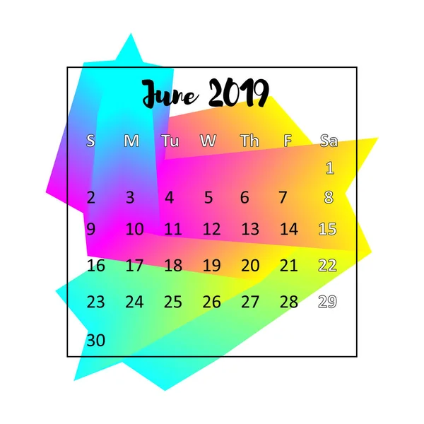 Kalenderentwurf für 2019. Juni 2019. business wall oder web kalender template. minimalistisches elegantes Design. kann in Printwerbung, Öffentlichkeitsarbeit, Infografik in Englisch verwendet werden. Vektorillustration — Stockvektor