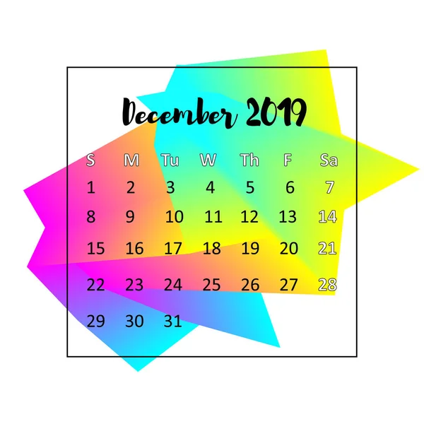 Kalenderentwurf für 2019. Dezember 2019. business wall oder web calender template. minimalistisches elegantes Design. kann für Printwerbung, Öffentlichkeitsarbeit, Infografik in Englisch verwendet werden — Stockvektor