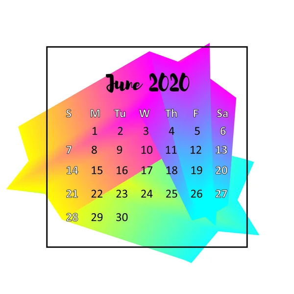 2020カレンダーデザイン抽象概念。6月2020。ビジネスウォールまたは web カレンダーテンプレート。広告、広報、英語のインフォグラフィックに使用される最小限のエレガントなデザイン — ストックベクタ