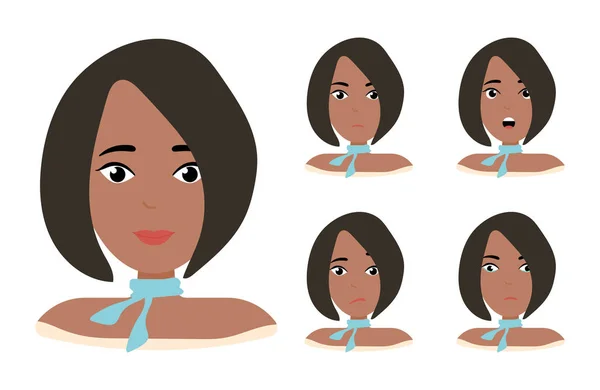 Expressions faciales de femme afro-américaine aux cheveux bruns. Différentes émotions féminines. Beau personnage de dessin animé. Illustration vectorielle isolée sur fond blanc — Image vectorielle