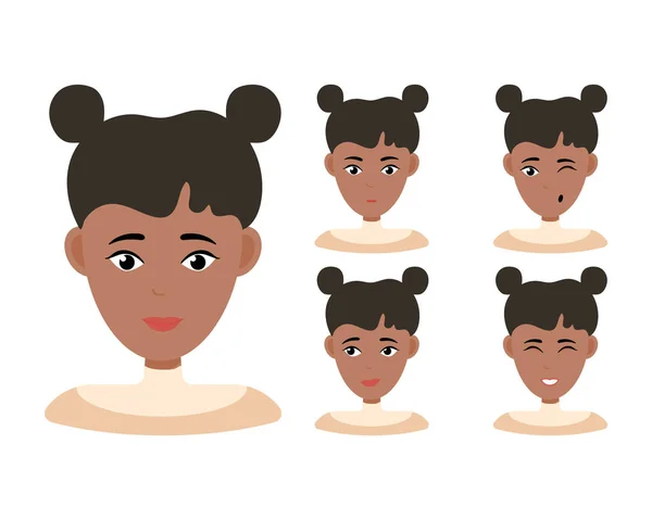 Expressions faciales de femme afro-américaine aux cheveux bruns. Différentes émotions féminines. Beau personnage de dessin animé. Illustration vectorielle isolée sur fond blanc — Image vectorielle