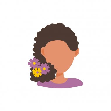 Kadın kullanıcı avatar profil resim simgesi. Düz tasarım insanlar karakteri beyaz arka plan yalıtılmış vektör illüstrasyon. Çiçekleri olan kadın