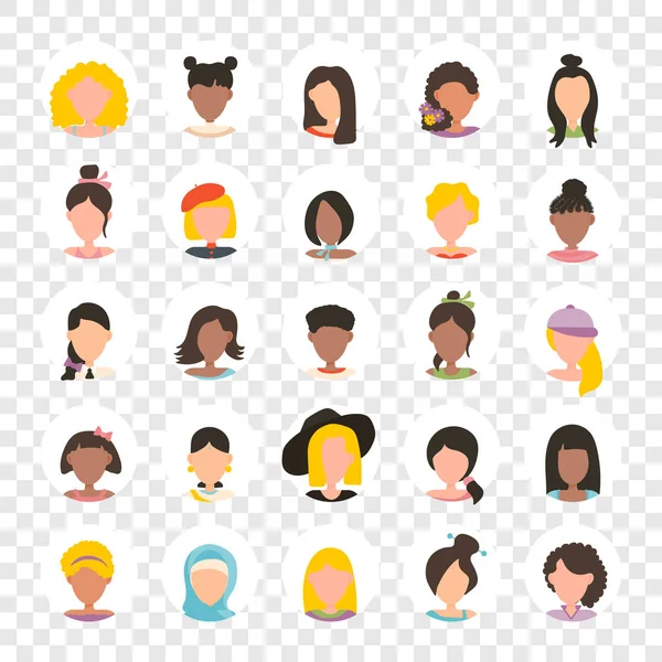 Gebruiker avatar profielfoto pictogram ingesteld in cirkel met inbegrip van vrouwelijke. Vector illustratie in platte ontwerp mensen tekens op transparante achtergrond. — Stockvector