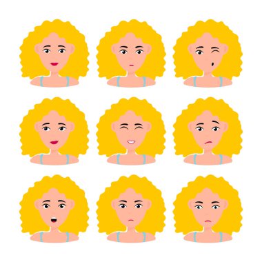 Farklı yüz ifadeleri ile güzel kadın portre izole ayarlayın. Genç kız gülümseyen, şaşırmış, mutlu, gülümseyen, fikir, tür, kızgın, tebrik duygu yüz vektör karakter. Sarışın