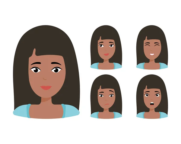 Female young character face set with different emotion. Brunette girl with happy, angry, unhappy, laughing, scared, wow, fun emotions. Vector Illustration