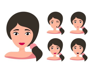 Kadın genç karakter farklı duygu ile ayarlanmış yüz. Mutlu, kızgın, mutsuz, gülen, korkmuş, vay, eğlenceli duyguları ile esmer kız. Vektör İllüstrasyonu