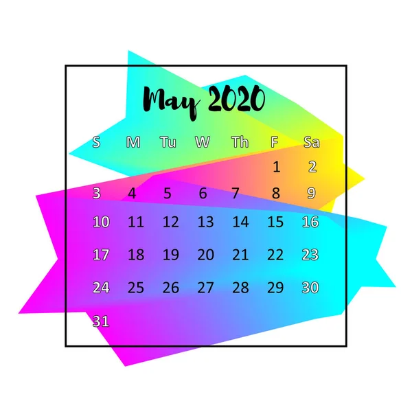 2020 kalender design abstrakt begrepp. Maj 2020. Business Wall eller Web kalender mall. Minimal elegant design som används för annonsering, PR, infografik på engelska — Stock vektor
