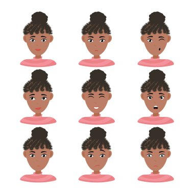 Afrikalı-Amerikalı kadın siyah saçlı yüz ifadeleri. Farklı kadın duygular ayarlayın. Çekici çizgi film karakteri. Beyaz arka plan üzerinde izole vektör çizim