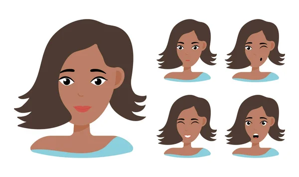 Expressions faciales de femme afro-américaine aux cheveux bruns. Différentes émotions féminines. Beau personnage de dessin animé. Illustration vectorielle isolée sur fond blanc — Image vectorielle