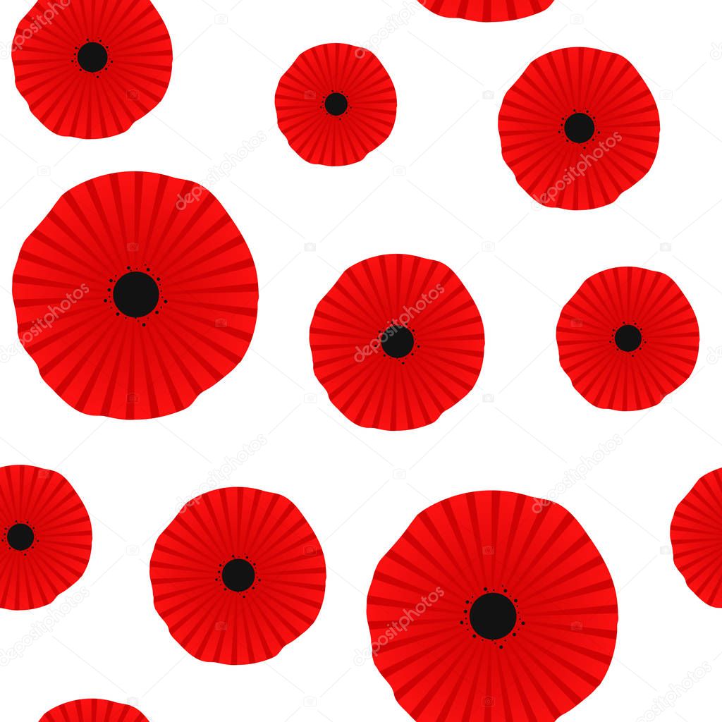 Poppy seamless pattern. Red poppies on white background. Can be uset for textile, wallpapers, prints and web design. Vector illustration