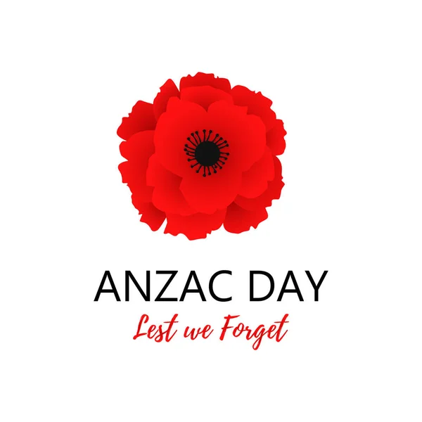 A bright poppy flower. Remembrance day symbol. Lest we forget lettering. Anzac day lettering. Vector Illustration — Stock Vector