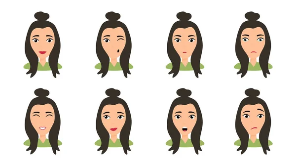 Female young character face set with different emotion. Brunette girl with happy, angry, unhappy, laughing, scared, wow, fun emotions. Vector Illustration