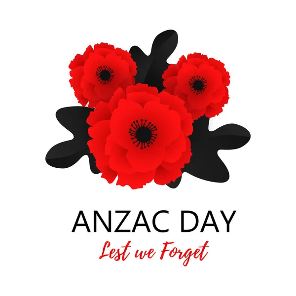 A bright poppy flower. Remembrance day symbol. Lest we forget lettering. Anzac day lettering. Vector Illustration — Stock Vector