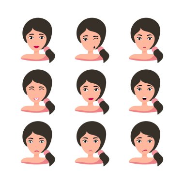 Kadın genç karakter farklı duygu ile ayarlanmış yüz. Mutlu, kızgın, mutsuz, gülen, korkmuş, vay, eğlenceli duyguları ile esmer kız. Vektör İllüstrasyonu