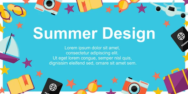 Cartel de diseño de verano con elementos de verano sobre fondo azul. Fondo para diferentes diseños: tarjeta, póster, ventas, noticias para la venta — Vector de stock