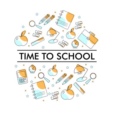 Okul nesneleri: elma, saat, copybook, lampe, cetvel, evrak çantası, klip, 