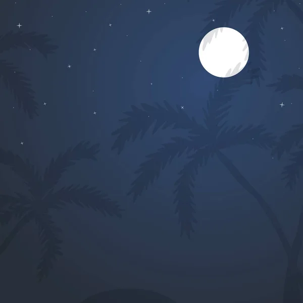 Exotische tropische Landschaft mit Mond-Nachthimmel, Palmen — Stockvektor