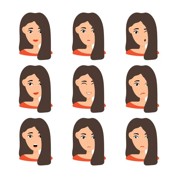 Beau portrait de femme avec différentes expressions faciales — Image vectorielle