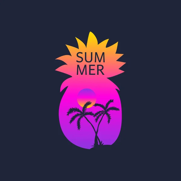 Tarjeta de verano con palma y silueta de piña — Vector de stock