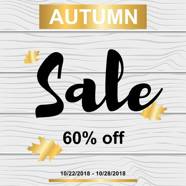 Vector Illustration. Sale banner with autumn gold leafs on wood — Stock Vector
