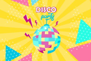 Vektör İllüstrasyon. Disko topu simgesi. Disko parti afişi. Retro 