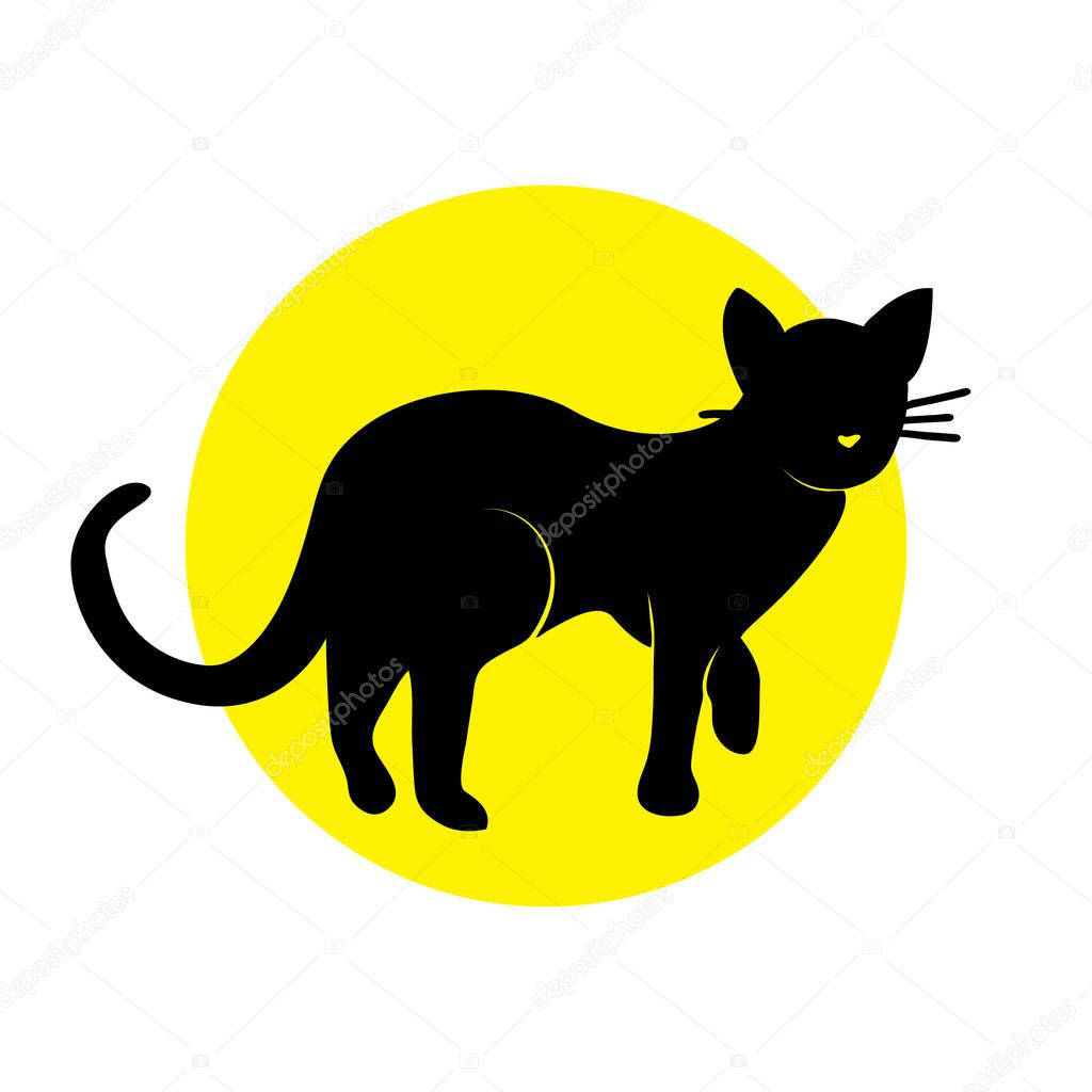 Vector Illustration. Silhouette cat on yellow circle. Shadow-fig