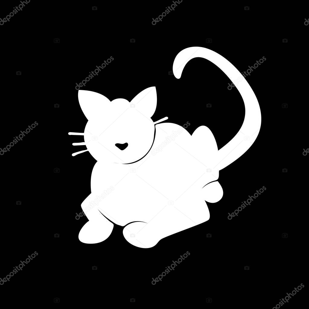 Vector Illustration. Silhouette white cat on black background. S