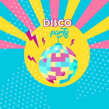Vektör İllüstrasyon. Disko topu simgesi. Disko parti afişi. Retro 