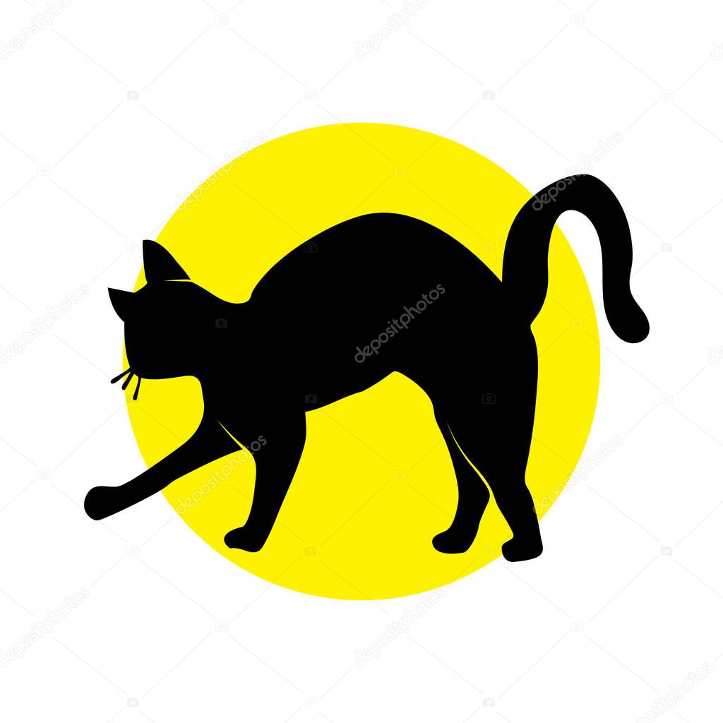 Vector Illustration. Silhouette cat on yellow circle. Shadow-fig
