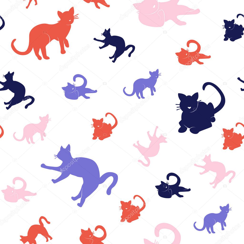Vector Illustration. Set of Silhouette cat seamless pattern. Sha