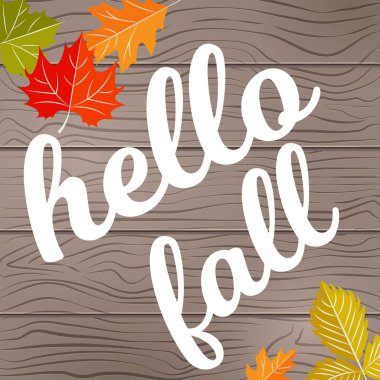 Vektör İllüstrasyon. Sonbahar ile ahşap doku Merhaba sonbahar kartı