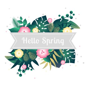 Vektör İllüstrasyon. Tropikal le ile şablon kartı merhaba bahar