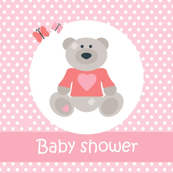 Baby shower card with bear and butterflies on pink background wi — Stockvector