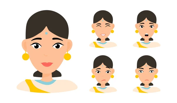 Expressions faciales de femme aux cheveux foncés — Image vectorielle